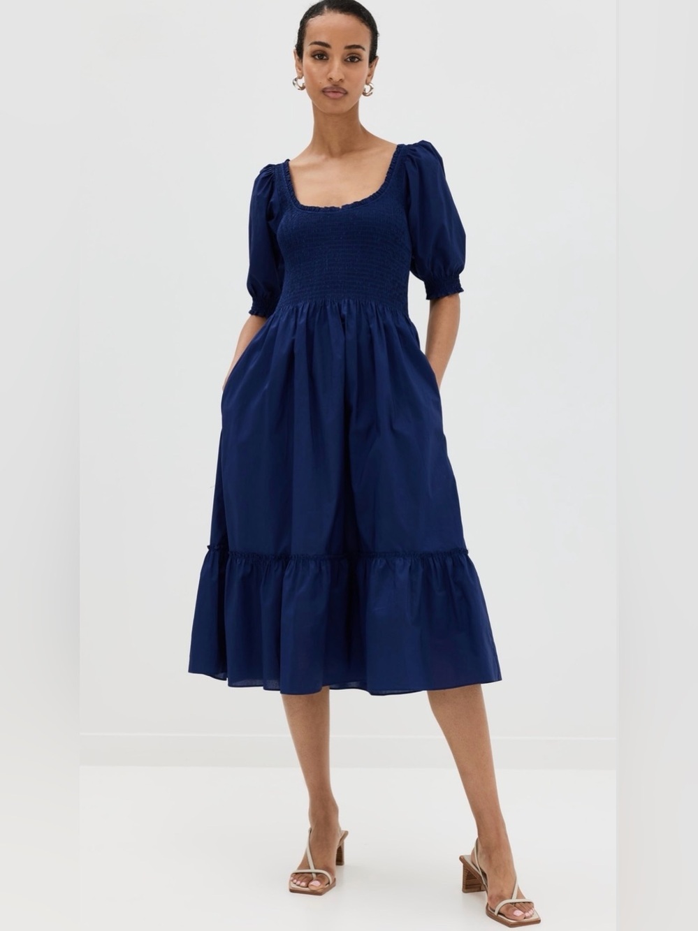 Hill House Home The Louisa Nap Dress S Navy Cottagecore Smocked Puff Sleeve NWT